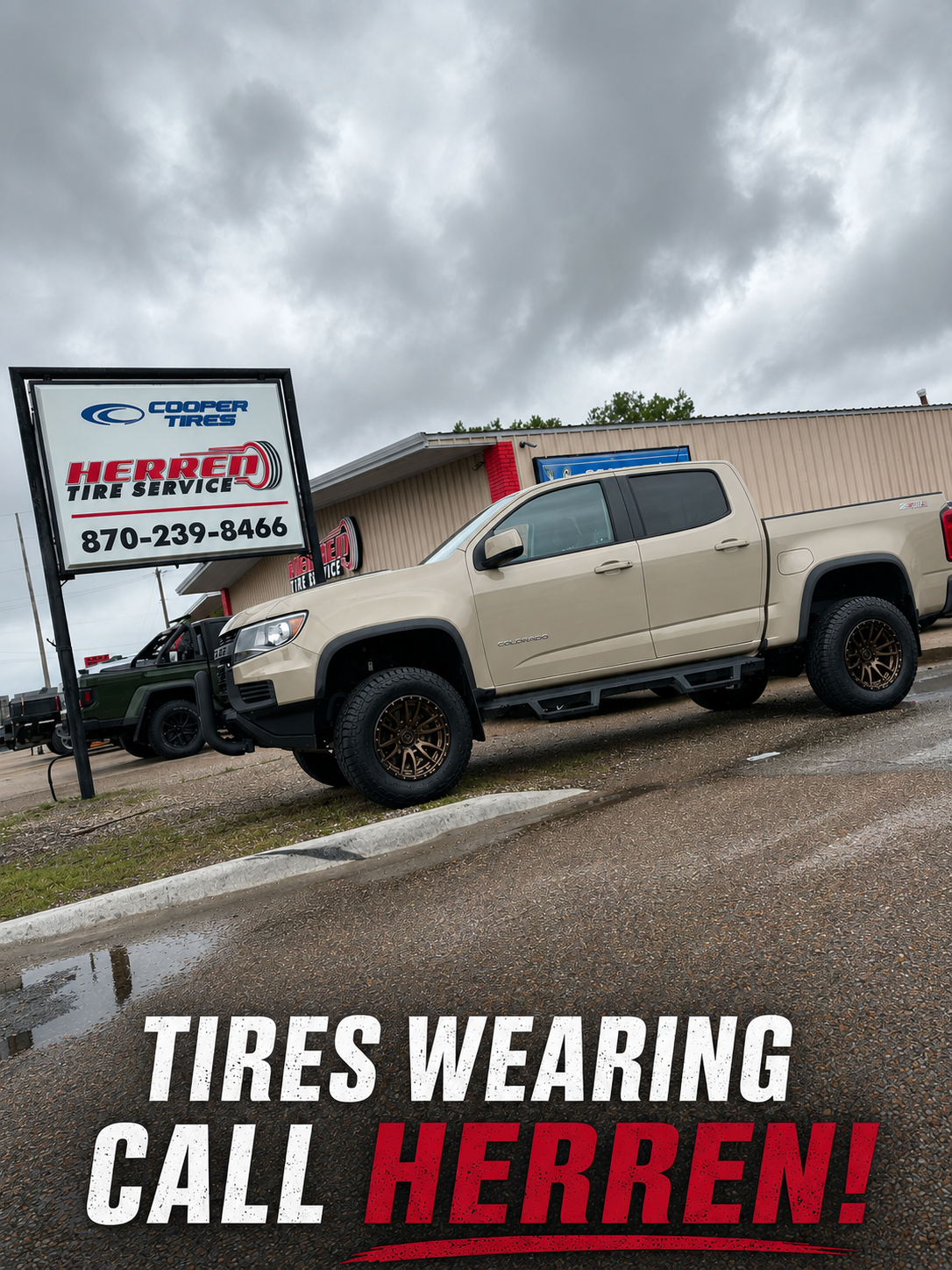 Custom lifted Chevy Colorado with 20-inch Fuel Rebel bronze wheels and Falken Wildpeak A/T4W all-terrain, professionally installed by Herren Tire Service, showcasing custom truck upgrades, lift kits, off-road wheels, suspension enhancements, and premium tire installation in Northeast Arkansas. 