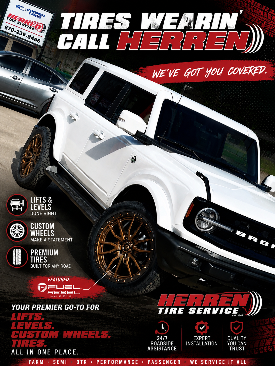 2025 white Ford Bronco featuring bronze Fuel Flux wheels and premium all-terrain tires, customized by Herren Tire Service with aftermarket wheels, off-road styling, suspension upgrades, and professional truck and SUV customization in Northeast Arkansas. 