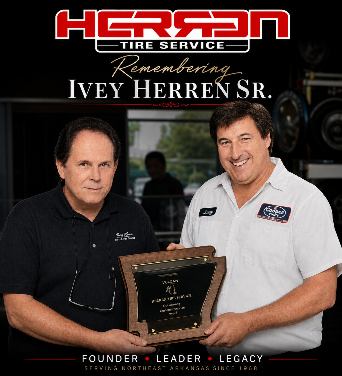 Ivey Herren Sr., founder of Herren Tire Service, receiving an award for outstanding customer service. Family-owned tire and automotive repair company serving Northeast Arkansas since 1968.